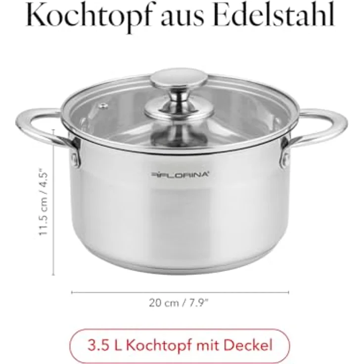FLORINA Edelstahl Topf 3,5 l 20 cm Durchmesser I Topf FALCON I Topf mit Glasdeckel und Messskala I 3-lagiger Boden gleichmäßige Wärmeverteilung I Ideal für alle Herdarten – Bild 4