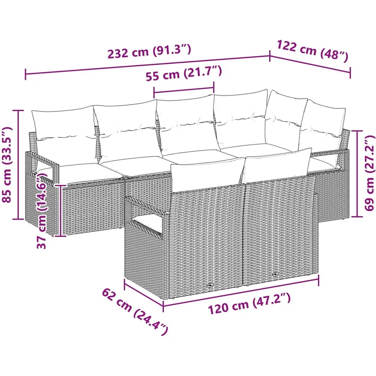 vidaXL Sofa Set mit Kissen 7 pcs Schwarz Poly Rattan 3346426 – Bild 8