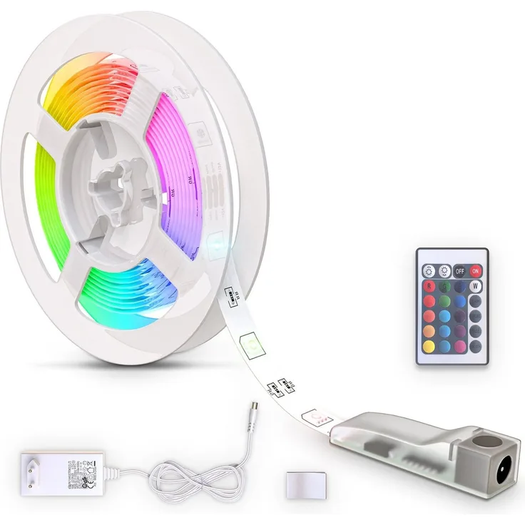 B.K.Licht - LED Strip 3m mit Fernbedienung, buntes RGB Licht, dimmbar, selbstklebend, LED Streifen, Leiste, Gaming Deko, Band, Lichtleiste, Lichtband, Beleuchtung, 30 x 1 x 0,2 cm, Weiß