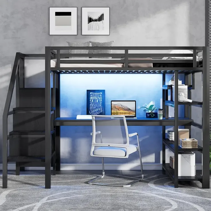 Hochbett mit Schreibtisch, LED-Streifen, Kleiderschrank, Regal, Treppe, Steckdose, USB, Rausfallschutz, 140x200cm, Kinderbett, Metallbett – Bild 2