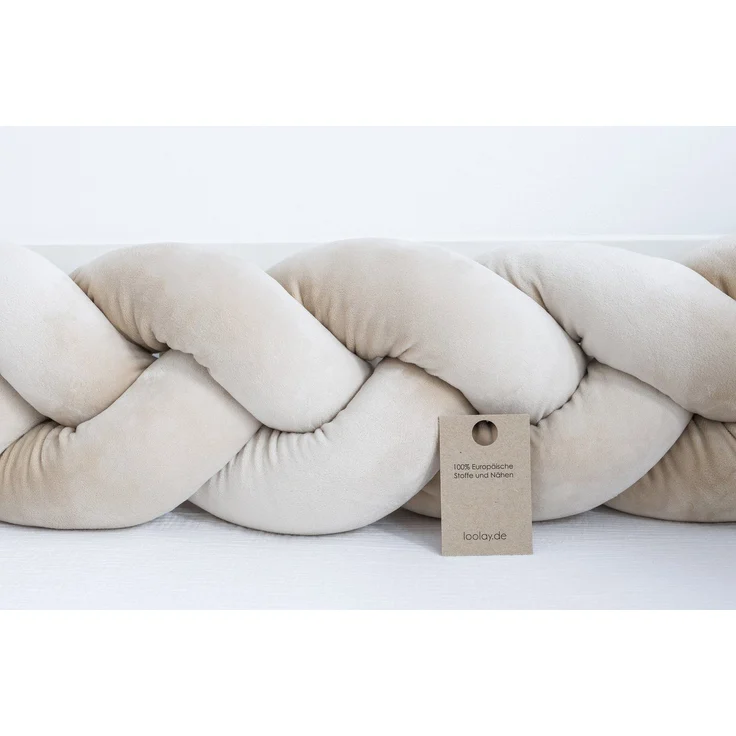 Loolay Nestchenschlange SAMT BEIGE Geflochtenes Kissen Zierkissen Dekokissen Bettumrandung, (Zugluftstopper Zugluft Schlange Wickeltischumrandung Babybett Kinderzimmer Schutz, VELOURS SAMT Bettschlange 100 150 200 300 400 cm und Länge auf Anfrage), Zug... – Bild 2
