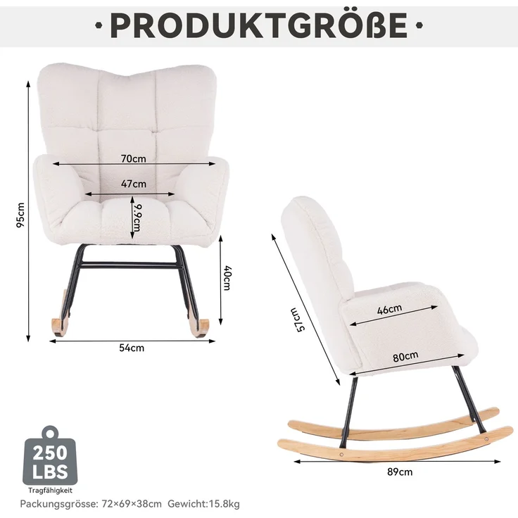 Teddy Weiß Schaukelstuhl mit Holzrahmen und Metallbasis, ergonomisch gepolstert, leises Design für Wohnzimmer & Schlafzimmer – Bild 10