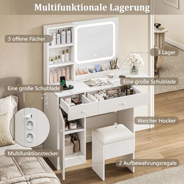 Jocoevol Schminktisch mit Spiegel und LED Beleuchtung,Steckdosenleiste,3 Farbtöne und Dimmbare Helligkeit, Kosmetiktisch mit 2 Schubladen und Aufbewahrungsschrank, Schminktisch für Schlafzimmer (Weiß) – Bild 5