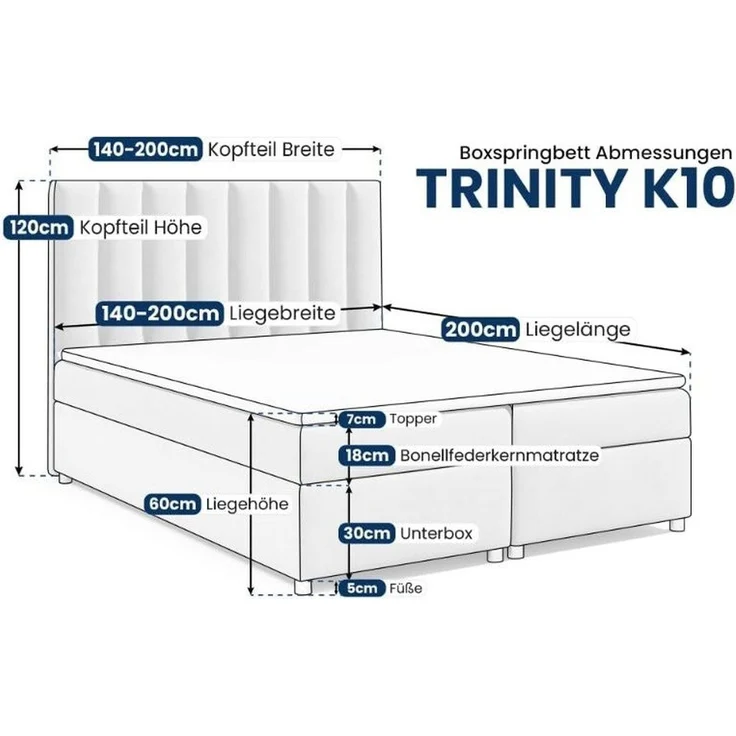Best for Home Boxspringbett mit Bettkasten Trinity K-10 Bonellfederkern inkl. 7 cm Topper (140x200 160x200 180x200 200x200 cm), mit o. ohne Kopfteil, Flexible Liefermöglichkeiten, Handwerksqualität – Bild 2