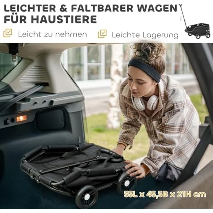 PawHut Hundebuggy klappbarer Hundewagen für Zwergenhunde bis zu 4 kg, (Katzenbuggy, 1-tlg), mit Griffstange, waschbarem Kissen, Sicherheitsleinen, Räder, Schwarz – Bild 4