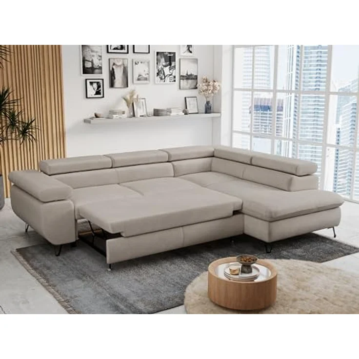 Mks Möbel 'Peter L-form' Ecksofa mit Bettfunktion, Bettkasten & einstellbaren Kopfstützen, Beige, Mikrofaser, rechts – Bild 6