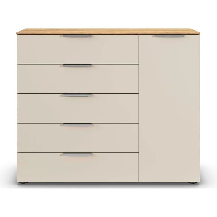 Rauch Möbel Flipp, Kommode für Schlafzimmer, Kinderzimmer, Wohnzimmer, Jugendzimmer, Flur, Garderobe, 1-türig, 5 Schubladen, mit Softclose-Funktion, Farbe Eiche Artisan, Holz/Beige, Breite 120 cm – Bild 5