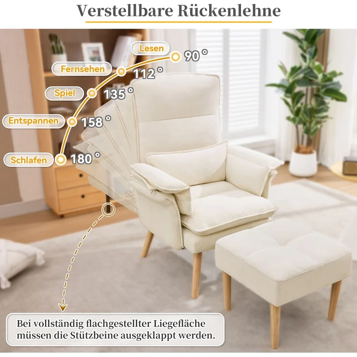 Merax Relaxsessel mit Hocker, 5-fach verstellbarer Liegesessel, gepolsterter Lesesessel & Fernsehsessel mit Kopf- und Armlehnenkissen, Polstersessel mit Holzbeinen, Beige – Bild 6