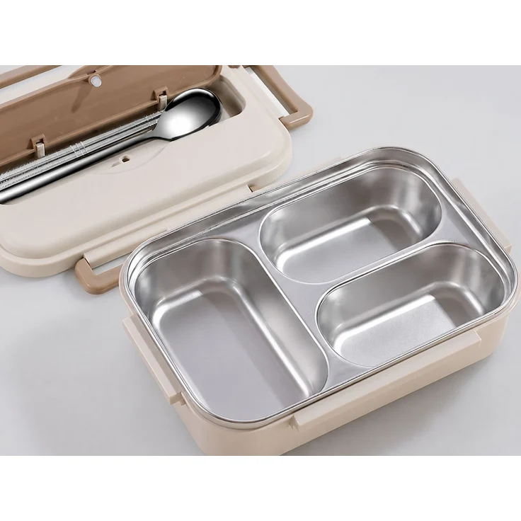 Lunchbox aus 316-Edelstahl, auslaufsicher, mit Fächern und Besteck, Beige, 25 x 18 x 8 cm – Bild 3