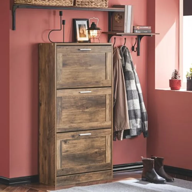 SoBuy Schuhschrank FSR137-BR, Braun, Holzwerkstoff, Schuhkipper mit 3 Klappen, 60x115x23 cm, für Eingangsbereiche – Bild 9