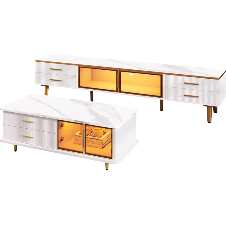 JARDJ Couchtisch, TV-Schrank, modulare Wohnzimmermöbel, Tür aus gehärtetem Glas, Rahmen aus Aluminiumlegierung, Schubladen mit Wellenstruktur, goldene Griffe und Beine, Tischplatte mit Marmorstruktur – Bild 3