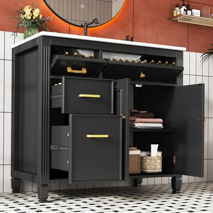 Freistehender Waschtisch 91x46,5x87 cm mit Keramikbecken und Schubladen – Schwarz – Bild 1
