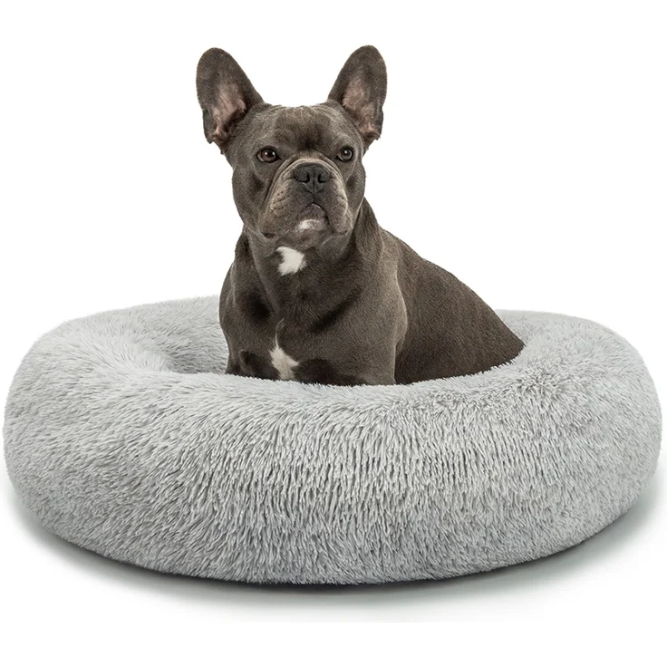lionto Donut Hundebett, rundes Hundesofa mit Plüschbezug & Anti-Rutsch-Noppen, weich & gemütlich, 70 cm Durchmesser, hellgrau – Bild 1