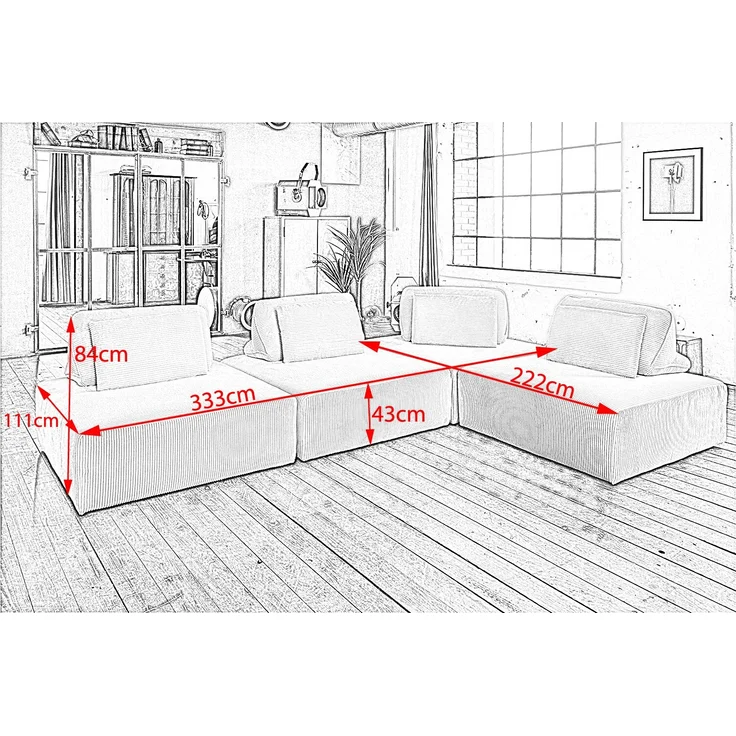 KAWOLA Modulsofa WIOLO SOFT 4 Module 4 Rückenkissen Cord hellgrau 84 x 222 x 333 cm – Bild 10
