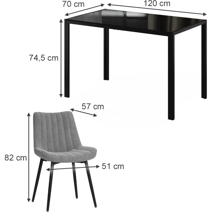 Esstisch Set Grand Schwarz 120 x 70 cm mit 4 Stühlen (Grau) Vicco – Bild 2