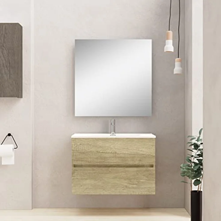 Baikal Badezimmerschrank, Zwei Schubladen, Wandmontage, mit Waschbecken, Melamin 16, montiert, Möbel 70 cm, Natur, ohne Spiegel – Bild 3