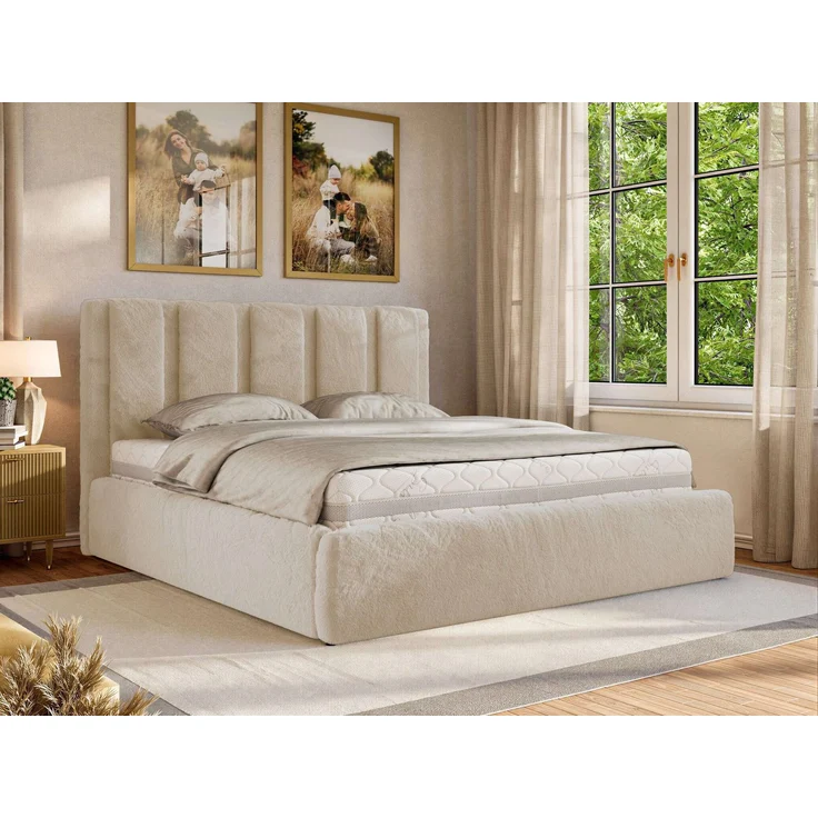 Polsterbett SAVINO CLASSIC mit Bettkasten und Lattenrost Doppelbett 140 x 200 cm mit hohem Kopfteil Stauraumbett Bett mit Gasdruckfeder - Creme Plüsch - Multipocket Matratze - ELORI LUX – Bild 1