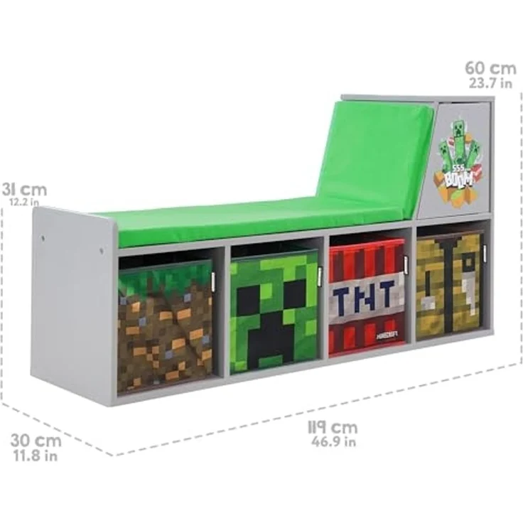 MINECRAFT - Sitzbank, Leseregal, Bank mit Sitzkissen und Stauraum, Kindermöbel mit buntem Design – Bild 6