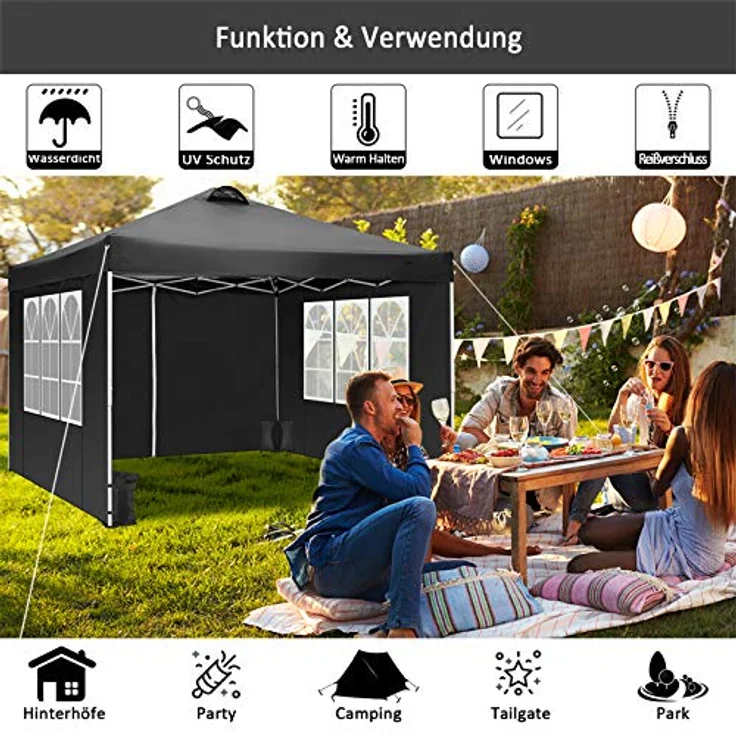 COBIZI Pavillon 3x3 m Wasserdicht Stabil Winterfest Faltpavillon Partyzelt Gartenpavillon mit Entlüftung, 4 Seitenteilen, 4 Sandsack, Höhenverstellbar, Pop up Faltbar Gartenzelt, Schwarz – Bild 2