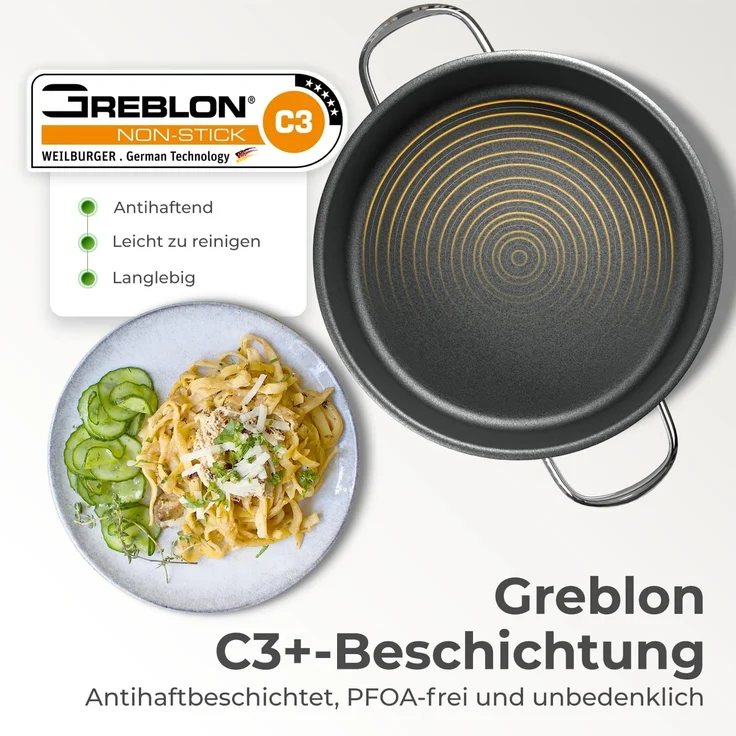 KLAMER Servierpfanne mit Deckel 28cm Induktion, antihaftbeschichteter Edelstahl Schmortopf…, Energiesparend, Güteglasdeckel, tropffrei abgießen – Bild 3
