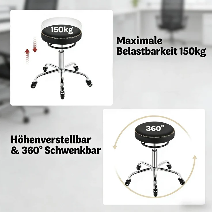 Bürohocker aus Kunstleder, höhenverstellbar & drehbar, 49x46-58x49 cm, Schwarz – Bild 6