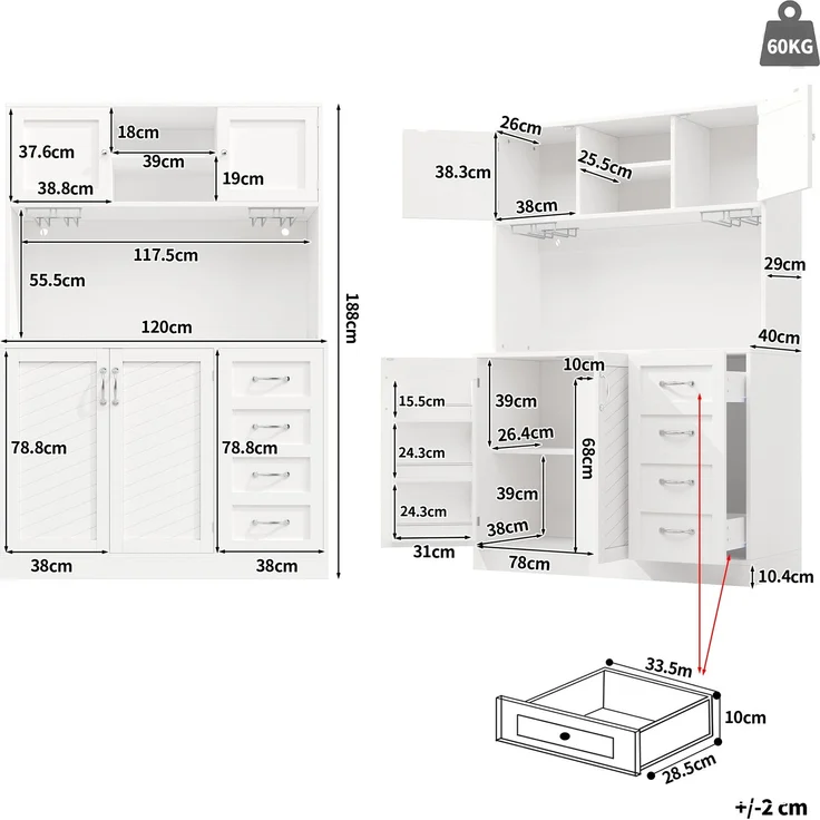 Seitenboard / Aufbewahrungsschrank / Küchenschrank / Buffetschrank, 120 x 40 x 188 cm, mit LED-Beleuchtung, Snackregal & Getränkehaltern, 4 Türen & 2 große Schubladen, Grün/Schwarz/Weiß – Bild 4
