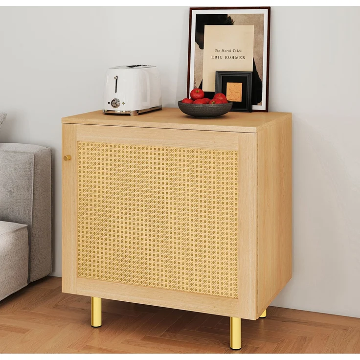 DESVIAE Sideboard mit Rattantür und Einlegeboden 60x63x40 cm MDF Natur – Bild 5