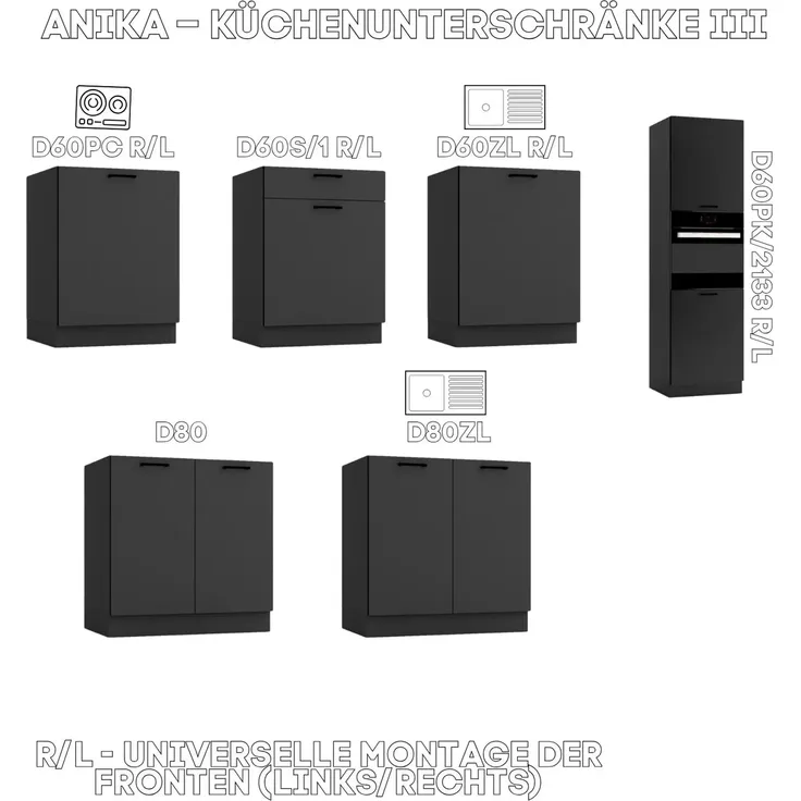 Küchenunterschrank 60 cm - Graphit - Einbauschrank für den Backofen - Höhenverstellbar – Bild 7