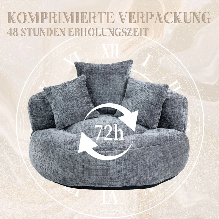 Lazy Sofa Lounger mit 3 Kissen, 108x108x52 cm, Grau Chenille, hohe Rückenlehne, Indoor/Outdoor – Bild 9
