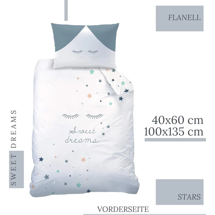 MTOnlinehandel Babybettwäsche Sweet Dreams 100x135 + 40x60 cm, 100 % Baumwolle, Biber, 2 teilig, Sterne & Wimpern süße Träume Kinderbettwäsche – Bild 2