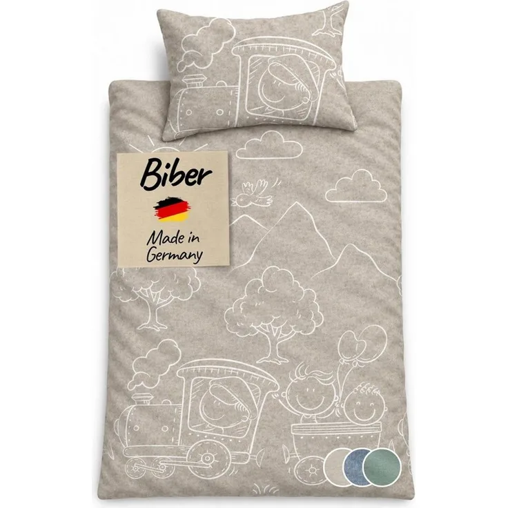Carpe Sonno Kinderbettwäsche Biber Kinderbettwäsche Lokomotive aus 100% Baumwolle, Biber, 2 teilig, MADE IN GERMANY - Babybettwäsche 100x135 - 100% Baumwolle - Natur