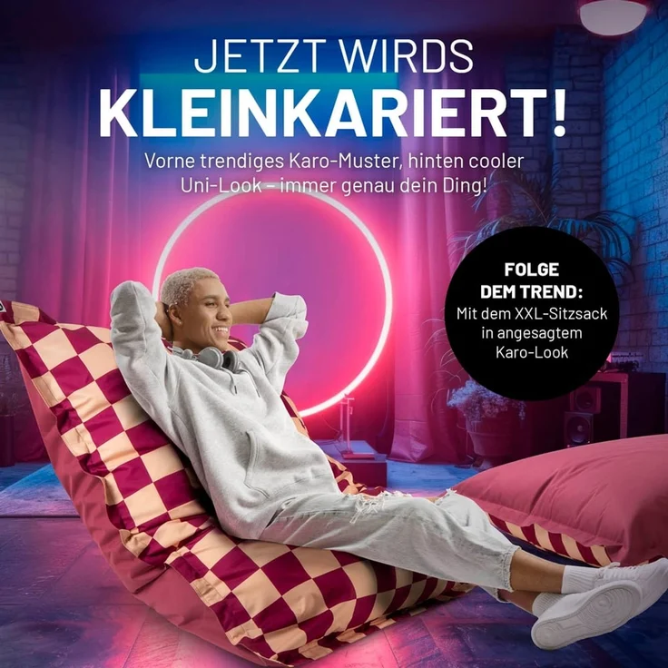 Lumaland 'Karo' Sitzsack XXL für Outdoor & Indoor, Polyester, Pfirsich/Rot, 380 l – Bild 4