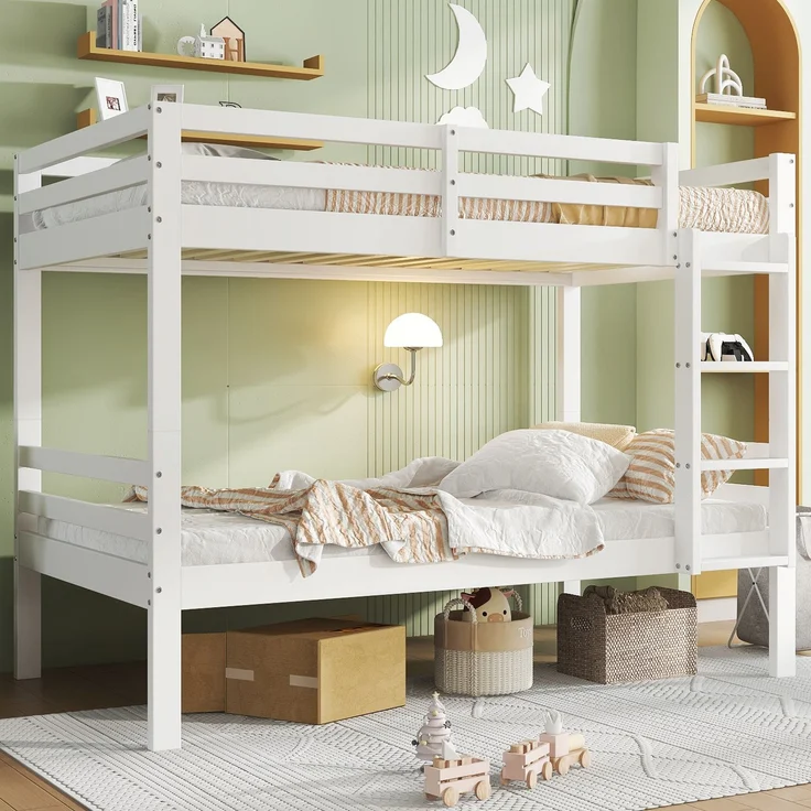 Bett 90x200 cm Etagenbett teilbar mit Leiter und Absturzsicherung – weißes Kiefernholz, platzsparend für Kinder – Bild 3