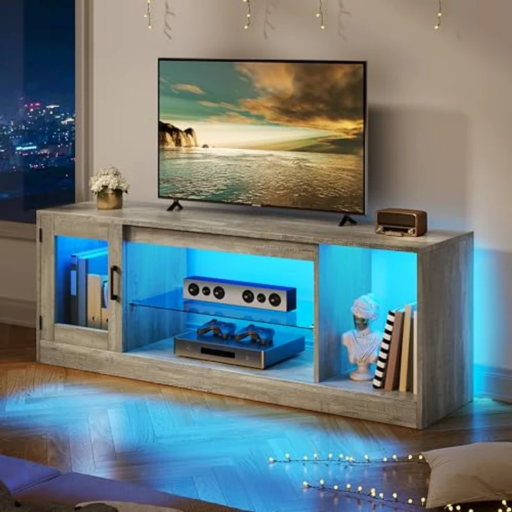YITAHOME 148cm TV Schrank für Fernseher bis 65 Zoll mit 7 RGB LED 22 Modi Lichter Fernseher Gaming Entertainment Center, TV Lowboard mit verstellbaren Glasablagen Ständer für Wohnzimmer, Schlafzimmer – Bild 2