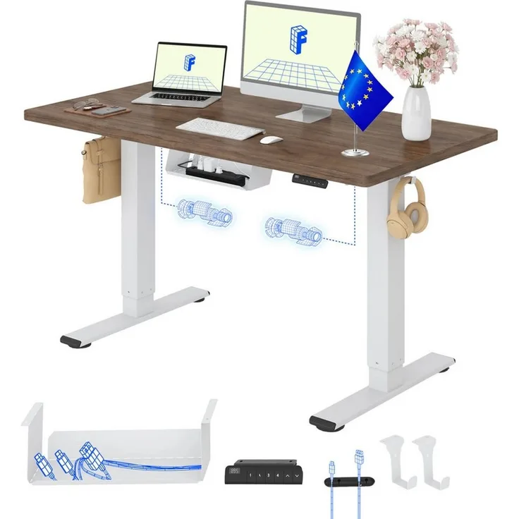 FLEXISPOT Schreibtisch Basic Plus höhenverstellbarer Schreibtisch mit Premium-Zubehör-Set (2 Motore & 2-Fach-Teleskop & 4 Höhenspeichertasten), MIT 25MM einteiliger Tischplatte, MADE in EU, 120/140/160/180