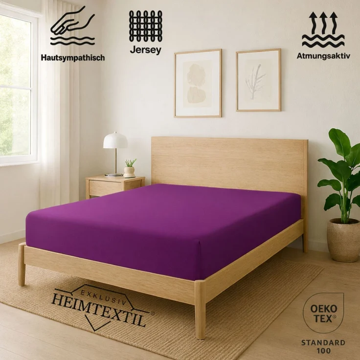 EXKLUSIV HEIMTEXTIL Jersey Spannbettlaken 200 x 200 cm Lila 100% Baumwolle Öko - Tex Zertifiziert Bed-Sheet Bettlaken Spannbetttuch – Bild 2