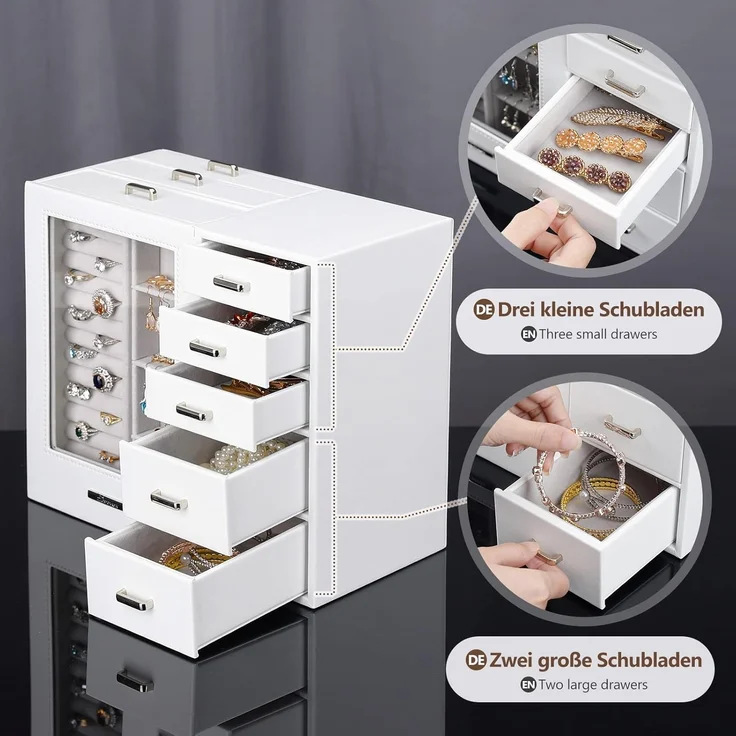 Yorbay Schmuckkasten Groß mit 8 Schubladen, Schmuckkoffer mit Glasfenster für Damen, Schmuckschatulle für Halsketten, Ringe, Armbänder, Ohrringe – Bild 4