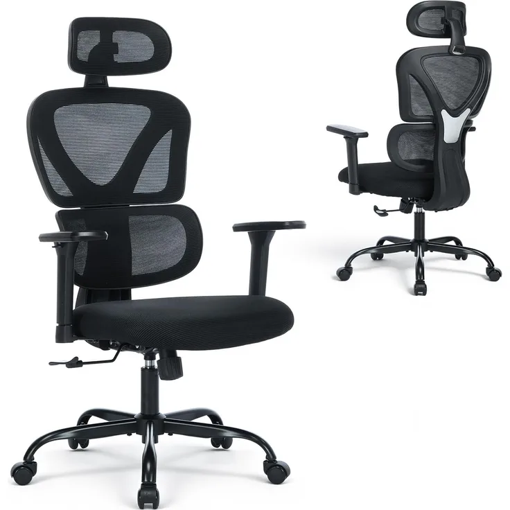COLAMY Ergonomischer Bürostuhl – Bequemer Schreibtischstuhl mit 9,5 cm Sitzpolster, 3D-Armlehnen, Verstellbarer Kopfstütze, für Büro, Homeoffice & Studium, Schwarz