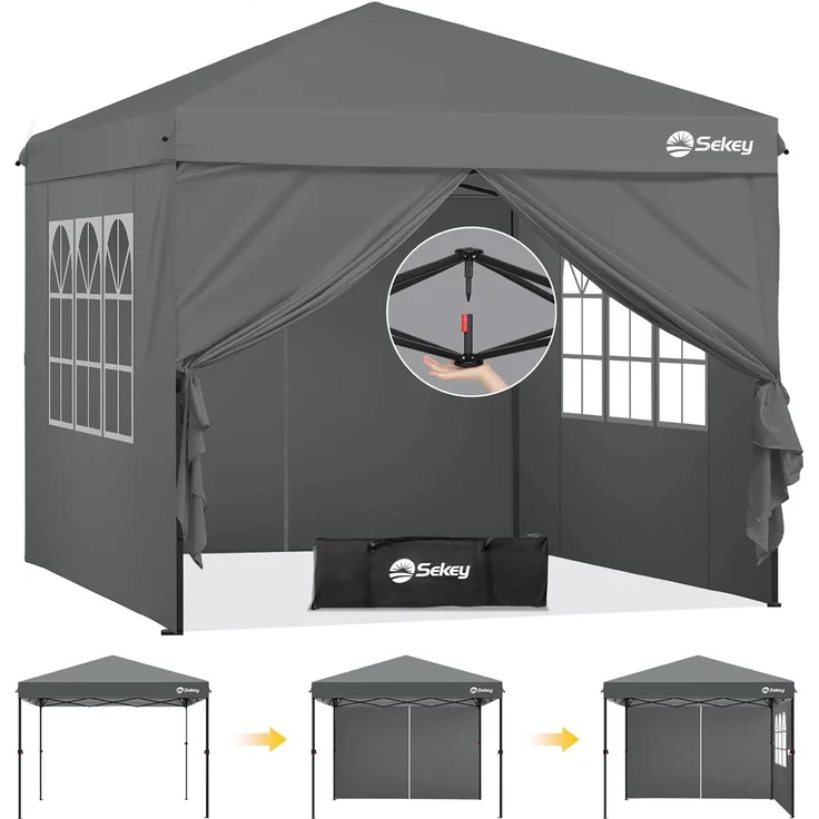 Sekey Premium Pop Up Pavillon 3x3 Wasserdicht Stabil, 3 x 3 m Pavillon mit Seitenwänden, Faltpavillon Partyzelt Faltbar für Camping Party, Höhe Verstellbar 250-270cm, (Grau, Mit Seitenwänden) – Bild 1