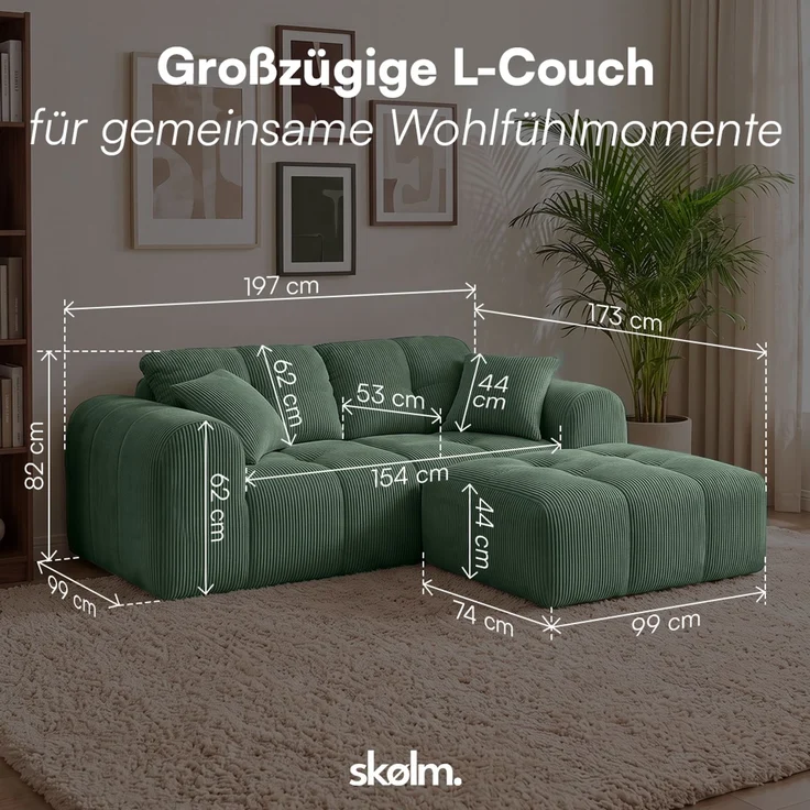 skølm 'Vanaheim' Sofa 2 Sitzer mit Hocker & 2 Kissen, Cloud Sofa dunkelgrün, Cord, Vollschaumcouch mit Federkern und Vakuum-Kompression, kein Aufbau erforderlich – Bild 8
