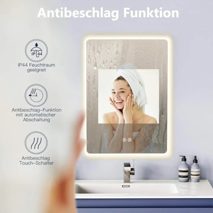 HOKO LED Badspiegel Kansas, 50x70 cm / 70x50 cm, Antibeschlag, Weißer Alurahmen, Touch Schalter, Speicherfunktion, Lichtwechsel 2700-6500K – Bild 4