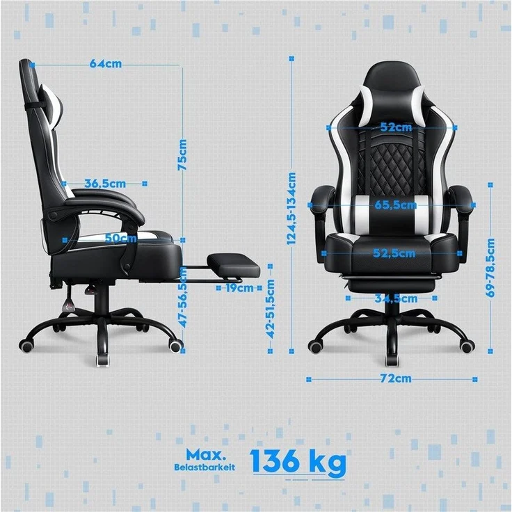 Yaheetech Gaming-Stuhl mit Massagefunktion & Kopfstütze & Fußstütze Ergonomischer PC-Stuhl, höhenverstellbarer Drehstuhl Computerstuhl Verstellbare Rückenlehne – Bild 3