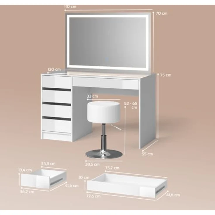 Livinity® Schminktisch Imola, Weiß, mit LED-Spiegel und Hocker (3-St) – Bild 4