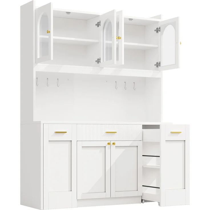 Hochküchenschrank 120cm mit RGB-LED, App-Steuerung, 3 Glasvitrinen, Schubkästen & beidseitigen Roll-Ablagen, Weiß/Schwarz – Bild 10
