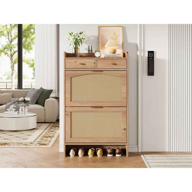 ZUBALIYA Schuhschrank (65 x 25 x 106 cm), 2 Klappfächer und 2 Schubladen, Fronten in Flechtoptik, Aus Spanplatte, Naturfarben – Bild 21