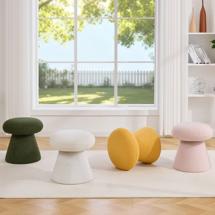 066-Moderner Drehbarer Hocker für Wohnzimmer Schlafzimmer, Kreativer Pilzform Teddystoff Polsterhocker mit 360 Rotation, Bequemer Kleiner Schminktisch Hocker für Erwachsene & Kinder, Weiß--Weiß--41x41x44cm--YOUDENOVA – Bild 8
