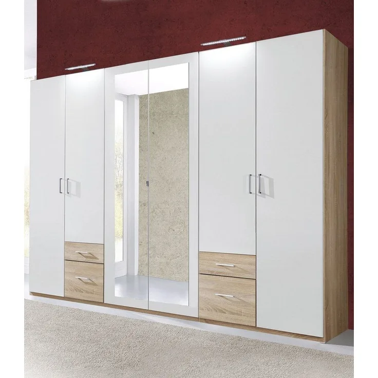 Kleiderschrank FREIBURG Front weiß Korpus Eiche sägerau Spiegel B 270 cm