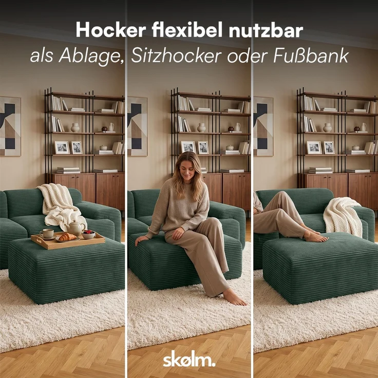skølm 'Menja' Sofa 3-tlg mit Hocker, 3er Sitz mit 3 Kissen, Cord dunkelgrün, Vollschaumcouch mit Federkern und Vakuum-Kompression, kein Aufbau erforderlich – Bild 10
