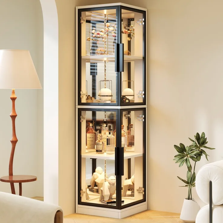 Vitrine mit Glas 44 × 42 × 164 cm, Spiegelrückwand, Eckvitrine mit doppelseitiger Glaspräsentation, LED-Beleuchtung mit Farbwechsel, Glasvitrine für Sammlerstücke, Bücher, Wein & Dekoration, Weiß--Weiß--44x42x164cm--YOUDENOVA