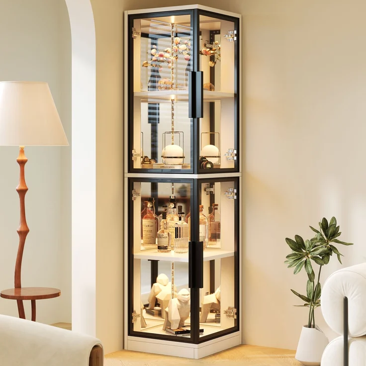 Vitrine mit Glas 44 × 42 × 164 cm, Spiegelrückwand, Eckvitrine mit doppelseitiger Glaspräsentation, LED-Beleuchtung mit Farbwechsel, Glasvitrine für Sammlerstücke, Bücher, Wein & Dekoration, Weiß--Weiß--44x42x164cm--YOUDENOVA – Bild 1